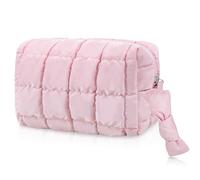 Bolsa de cosméticos acolchada, bolsa de maquillaje hinchada, bolsas de cosméticos a cuadros con divisor, bolsa de aseo de viaje impermeable para mujer, artículos esenciales de viaje (rosa), Rosado