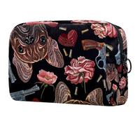 Bolsa de cosméticos bordada con diseño de bulldog y rosa, corazón y pistola para mujeres, neceser de viaje, bolsa organizadora de maquillaje grande con cremallera, multicolor,
