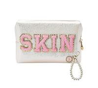 Bolsa de cosméticos con 1 letra bordada y 1 colgante de perlas con lazo, bolsa de cosméticos impermeable, bolsa de cosméticos de gran capacidad, bolsa de aseo multifuncional, Blanco, Casual