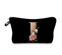 Bolsa De Cosméticos con 26 Iniciales Flores Maquillaje con Letras A-Z Estuches Viaje para Mujeres Regalo para Damas Bolsas Belleza Portátiles Fondo Negro Letra Dorada Impresa A-Z Y