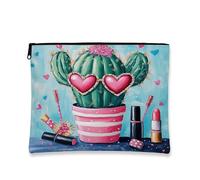Bolsa de cosméticos con diseño de cactus y corazón de amor, bolsas de viaje de maquillaje estético peculiar para mujer, bolsa pequeña portátil de lona con cremallera, regalo de festival de verano