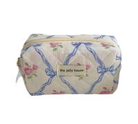 Bolsa de cosméticos con diseño de lazo y flor acolchada de algodón para mujer, con cremallera, organizador de cosméticos, bolso de mano, bolsa de aseo portátil para niñas, Blue Octogonal Bag, talla