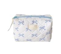 Bolsa de cosméticos con estampado de lazo para mujer, organizador de artículos de tocador de moda, espacioso soporte de maquillaje con cremallera para uso diario, Lazo azul