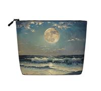 Bolsa de cosméticos con estampado de luna y mar para mujer, de lino sintético, gran capacidad, perfecta para viajes y uso diario, Black, Talla única