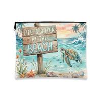 Bolsa de cosméticos con temática de playa, tortuga de acuarela y letrero de viaje para mujer, organizador portátil de lona con cremallera, bolsa de aseo de vacaciones de verano, Azul, 7x9 Inch, Playa