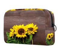 Bolsa de cosméticos con textura de madera para mujer, diseño de girasoles, hojas de helecho, bolsa organizadora con cremallera, multicolor, 18.5x7.5x13cm/7.3x3x5.1in, Neceser
