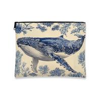 Bolsa de cosméticos de ballena náutica, bolsa de maquillaje marino vintage para mujer, organizador portátil de lona con cremallera, bolsa de aseo de viaje al océano, Azul marino, 7x9 Inch, Ballena