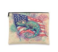 Bolsa de cosméticos de camaleón, bandera estadounidense, acuarela, ilustración, maquillaje, bolsa de viaje para mujer, bolsa pequeña portátil de lona con cremallera, organizador de festivales de