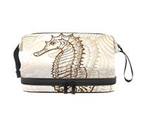 Bolsa de cosméticos de doble capa con diseño de caballito de mar sobre fondo ondulado, para mujeres y niñas, neceser de viaje, bolsa organizadora de maquillaje con compartimento para cepillos,