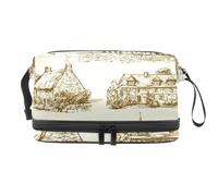 Bolsa de cosméticos de doble capa con diseño de casas rurales y ganado para mujeres y niñas, neceser de viaje, bolsa organizadora de maquillaje con compartimento para cepillos, multicolor, 27x15x14