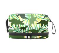 Bolsa de cosméticos de doble capa con diseño de dinosaurio jurásico verde para mujeres y niñas, bolsa organizadora de maquillaje de viaje con compartimento para brochas, multicolor, 27x15x14
