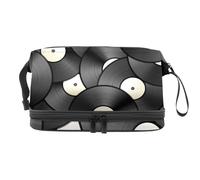 Bolsa de cosméticos de doble capa con diseño de discos de vinilo vintage, sin costuras, para mujeres y niñas, neceser de viaje, bolsa organizadora de maquillaje con compartimento para brochas,