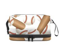 Bolsa de cosméticos de doble capa con diseño deportivo de bate y pelotas de béisbol para mujeres y niñas, neceser de viaje, bolsa organizadora de maquillaje con compartimento para cepillos,