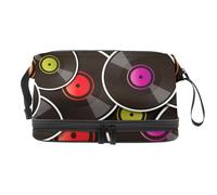 Bolsa de cosméticos de doble capa con fondo de disco de vinilo para mujeres y niñas, neceser de viaje, bolsa organizadora de maquillaje con compartimento para brochas, multicolor, 27x15x14