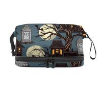 Bolsa de cosméticos de doble capa para mujeres y niñas, diseño de casas embrujadas, árbol muerto, bolsa organizadora de maquillaje con compartimento para cepillos, multicolor, 27x15x14 cm/10.6x5.9x5.5