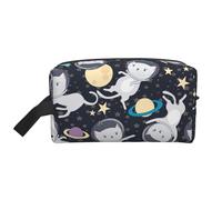 Bolsa de cosméticos de gran capacidad con estampado de gato y astronauta para mujeres, neceser de viaje para hombres, White, Talla única