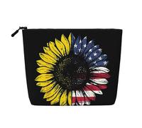 Bolsa de cosméticos de lino sintético de una sola capa con diseño de girasol y bandera americana, organizador de cuidado personal, adecuado para varias ocasiones