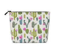 Bolsa de cosméticos de lino sintético de una sola capa con estampado de cactus florecientes, organizador de cuidado personal, adecuado para varias ocasiones