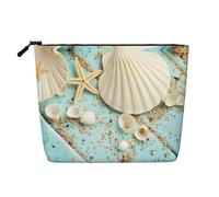Bolsa de cosméticos de lino sintético de una sola capa con estampado de conchas marinas y estrellas de mar de gran capacidad, ideal para varias ocasiones