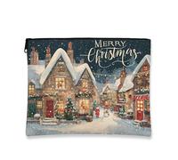 Bolsa de cosméticos de Navidad, bolsa de maquillaje vintage de pueblo nevado para mujer, organizador portátil de lona con cremallera para viajes, neceser de temporada, Varios colores, 7x9 Inch