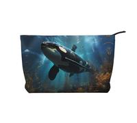 Bolsa de cosméticos de pana con estampado de ballenas asesinas, gran capacidad, impermeable, bolsa de almacenamiento de artículos de tocador de viaje, Black, Talla única