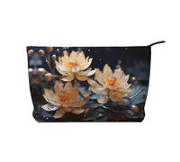 Bolsa de cosméticos de pana con estampado de loto blanco bohemio, bolsa de almacenamiento impermeable de gran capacidad para artículos de tocador, Black, Talla única