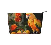 Bolsa de cosméticos de pana de gran capacidad con patrón de loros naranjas, bolsa de almacenamiento impermeable de moda para artículos de tocador, Black, Talla única