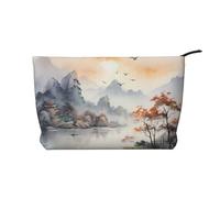Bolsa de cosméticos de pana impresa con pintura de pájaros y montañas, bolsa de almacenamiento impermeable de gran capacidad para artículos de tocador de viaje, Black, Talla única