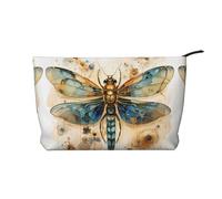 Bolsa de cosméticos de pana para mujer, delicada libélula dorada sobre fondo amarillo, cartera portátil con cremallera, adecuada para viajes y almacenamiento diario de cosméticos,