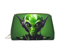 Bolsa de cosméticos de piel con cremallera y estampado de orejas largas color verde, organizador de cosméticos de viaje, bolsa de cosméticos de almacenamiento de cuero, alienígena de oreja larga