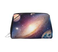 Bolsa de cosméticos de piel con estampado de galaxia del universo y espacio exterior, bolsa de maquillaje de cuero para bolso con cierre de cremallera superior, elegante bolsa de aseo, Silver, Talla