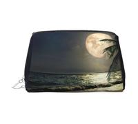 Bolsa de cosméticos de piel con estampado de palmera de playa tropical con luna llena y noche estrellada, bolsa de maquillaje de cuero para bolso con cierre de cremallera superior, elegante bolsa de