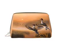 Bolsa de cosméticos de piel con estampado de pato y pintura al óleo, bolsa de maquillaje de cuero para bolso con cierre de cremallera superior, elegante bolsa de aseo, Gold, Talla única