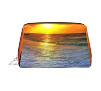 Bolsa de cosméticos de piel con estampado de puesta de sol, bolsa de maquillaje de cuero para bolso con cierre de cremallera superior, elegante bolsa de aseo, Gold, Talla única