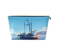 Bolsa de cosméticos de piel con patrón de barco marino para mujer, bolsa de almacenamiento portátil de gran capacidad con cremallera, Gold, Talla única