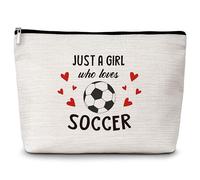 Bolsa de cosméticos de regalo de fútbol, Just a Girl Who Loves Soccer Travel Makeup Bag, regalos de equipo de fútbol para jugadores amantes del fútbol, regalos de cumpleaños inspiradores para mujeres,