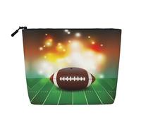 Bolsa de cosméticos de una sola capa con diseño de pelota de fútbol americano sobre hierba, material de lino sintético, monedero de gran capacidad, esencial para viajes y viajes de negocios