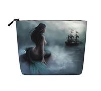 Bolsa de cosméticos de una sola capa con diseño de símbolos musicales, bolsa de aseo de viaje, adecuada para viajes de negocios y uso diario., Niña sirena y barco pirata navegando en el mar, Talla