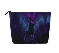 Bolsa de cosméticos de una sola capa con estampado de lobos aullando en la aurora boreal, bolsa de aseo de viaje, adecuada para viajes de negocios y uso diario., Lobos aullando en la aurora boreal