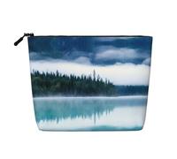 Bolsa de cosméticos de una sola capa con estampado de paisaje de montañas nieblas, material de lino sintético, monedero de gran capacidad, esencial para viajes y viajes de negocios