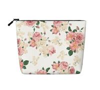 Bolsa de cosméticos de una sola capa con estampado de perro feliz, bolsa de aseo de viaje, adecuada para viajes de negocios y uso diario., Rosa rosa con hojas, Talla única