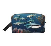 Bolsa de cosméticos de viaje, bolsa de almacenamiento con estampado de dragón volador, organizador portátil de artículos de tocador y maquillaje para mujeres, hombres, uso diario, Tiburones bajo el