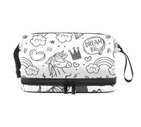 Bolsa de cosméticos de viaje de gran capacidad, bolsa de maquillaje, bolsa de maquillaje impermeable, lindo dibujo a mano, unicornios, nubes arcoíris, Varios colores, 27x15x14 cm/10.6x5.9x5.5 in