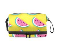 Bolsa de cosméticos de viaje de gran capacidad, bolsa de maquillaje, bolsa de maquillaje impermeable, patrón de sandía, fondo amarillo, Varios colores, 27x15x14 cm/10.6x5.9x5.5 in