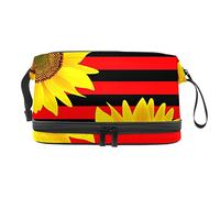Bolsa de cosméticos de viaje de gran capacidad, diseño de girasol, rayas rojas y negras, bolsa de maquillaje, bolsa de maquillaje impermeable, Varios colores, 27x15x14 cm/10.6x5.9x5.5 in