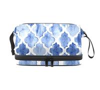 Bolsa de cosméticos de viaje de gran capacidad, patrón marroquí geométrico azul acuarela, bolsa de maquillaje, bolsa de maquillaje impermeable, Varios colores, 27x15x14 cm/10.6x5.9x5.5 in