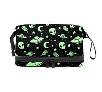 Bolsa de cosméticos de viaje de gran capacidad, verde Alien UFO Moon, bolsa de maquillaje, bolsa de maquillaje impermeable, Varios colores, 27x15x14 cm/10.6x5.9x5.5 in