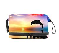 Bolsa de cosméticos de viaje multifuncional con asa, bolsa de cosméticos de viaje de gran capacidad, delfín mosca atardecer, Varios colores, 27x15x14 cm/10.6x5.9x5.5 in