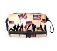 Bolsa de cosméticos de viaje multifuncional con asa, bolsa de cosméticos de viaje de gran capacidad, grupo de personas ondeando banderas estadounidenses en la parte trasera iluminada, Varios colores, 27x15x14 cm/10.6x5.9x5.5 in