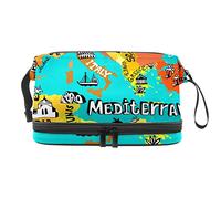 Bolsa de cosméticos de viaje multifuncional con asa, bolsa de cosméticos de viaje de gran capacidad, mapa mediterráneo lugares de interés, Varios colores, 27x15x14 cm/10.6x5.9x5.5 in
